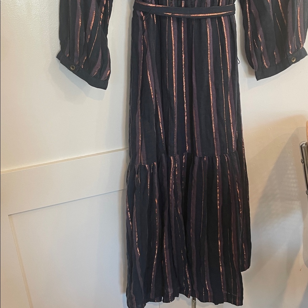 Anthropologie Midnight Ruffled Collared Midi Dress Navy Blue Metallic SZ Medium - Picture 9 of 10